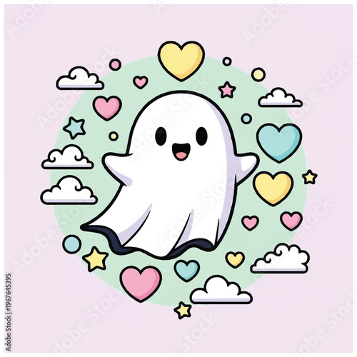 Cute cartoon ghost character smiling happily.