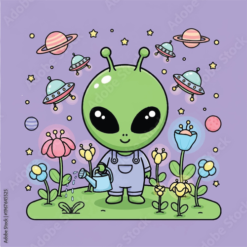 Green Alien Character in Space Scene.