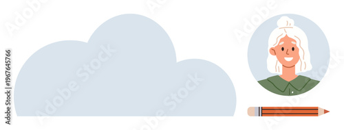 Creativity, online profiles, teamwork, education, social media, cloud technology. Cloud icon, female avatar and pencil. Creativity and online profiles