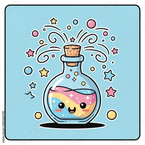 Colorful potion bottle with smiling face.