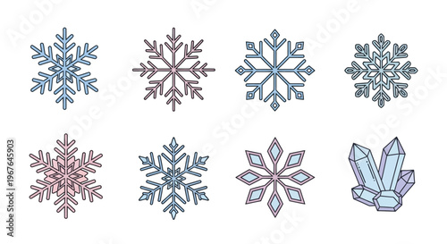 Collection of Various Snowflakes Crystals.