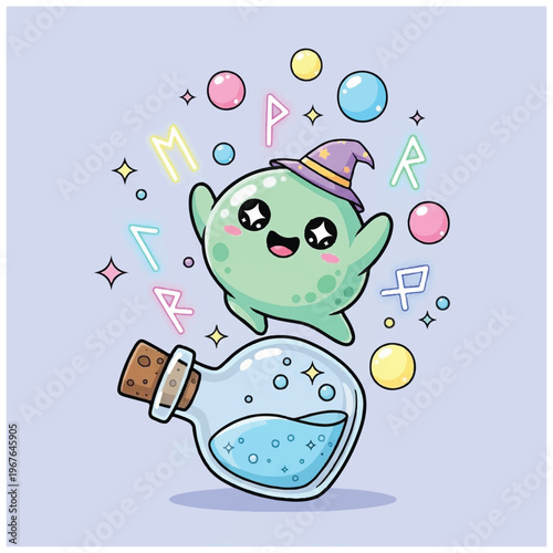 Green cartoon character with magic hat.