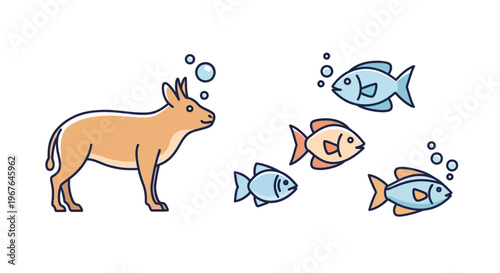 Cartoon dog looking at fish swimming.
