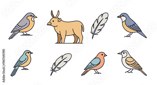 Colorful birds and a deer standing.