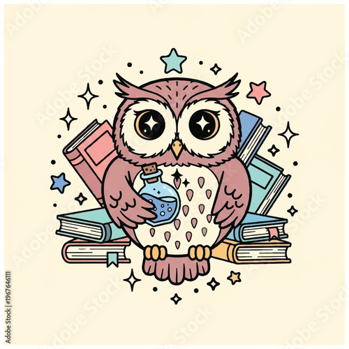 Owl sitting with books and coffee.