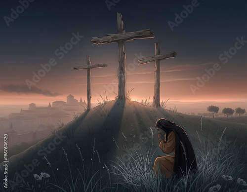 Illustration of person kneeling in prayer before the crosses