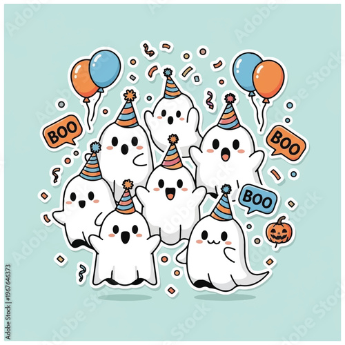 Group of Happy Ghosts Celebrating Halloween.