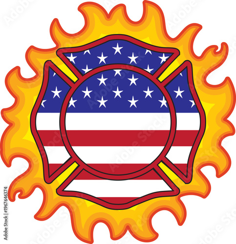 Maltese cross icon with the American flag and flames behind. Honoring firefighters of America. Acknowledging first responders 