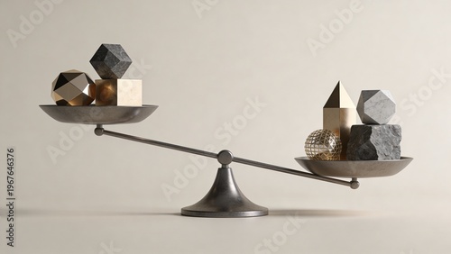 Abstract Imbalance Geometric Shapes and Natural Stones on a Classic Balance Scale