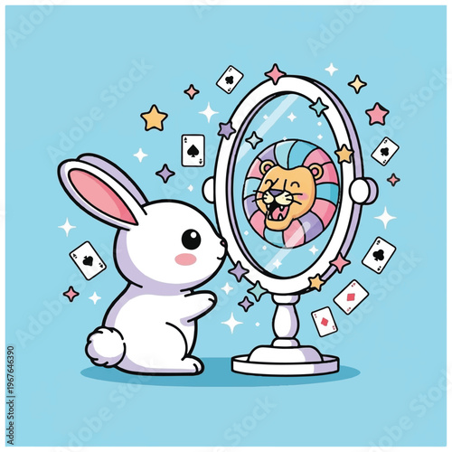 White rabbit looking at mirror reflection.