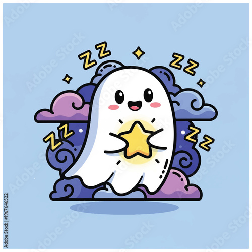 Cute Cartoon Ghost Holding Star.