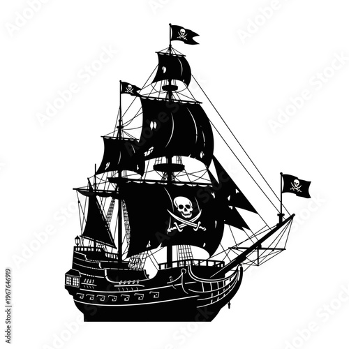 Pirate Ship with Jolly Roger Sailing.