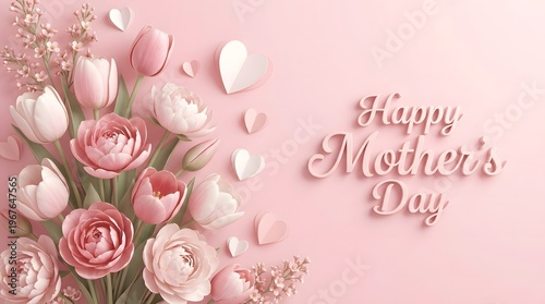 A realistic 3D render of delicate pink tulips and paper hearts on a soft pastel background with elegant 
