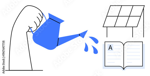 Sustainability, education, renewable energy, resource conservation, eco-friendly actions, climate awareness. A hand pours water from a watering can, next to a solar panel and an open book