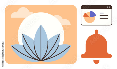 Wellness, productivity, meditation, notifications, digital analytics, organization. A lotus flower, notification bell and data chart. Wellness and productivity concept for mindful living