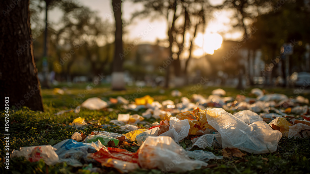 Obraz premium Plastic Trash and Litter Scattered Across a Grassy Park at Sunset