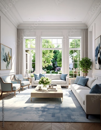 Elegant Living Room with Large Windows Overlooking a Lush Garden.
