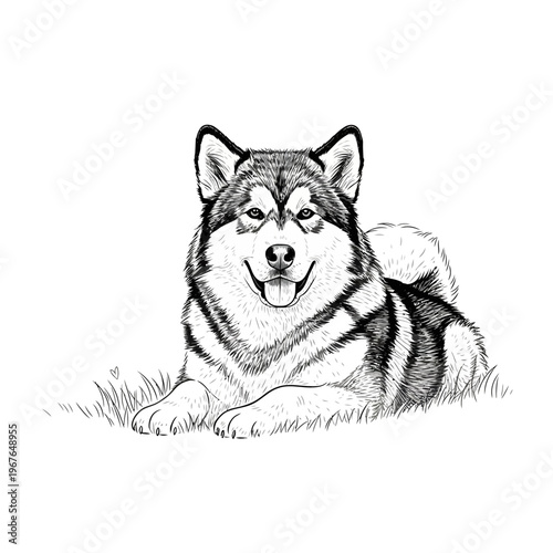 Detailed black and white illustration of a happy Alaskan Malamute dog lying down.
