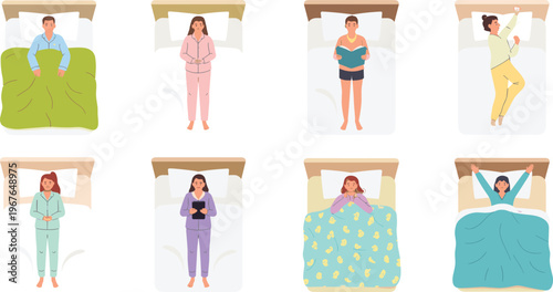 Flat vector set of diverse people in bed sleeping reading using tablet and waking up for healthy lifestyle concept.