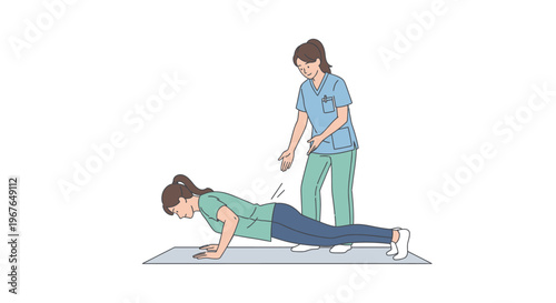Female therapist watches patient doing push ups on mat