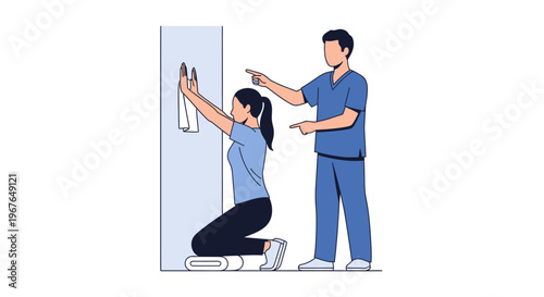 Physiotherapist guiding a woman through a wall exercise for rehabilitation