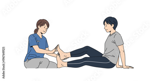 Female therapist manipulating feet of male patient on floor
