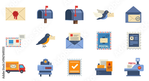 Postal Service Icons: Mail, Mailbox, Postman Bird, Truck, Stamps