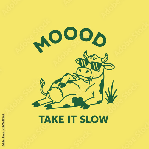 Relaxed cow wearing sunglasses lying down.