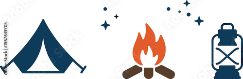Flat vector set of camping icons including tent campfire and lantern for outdoor adventure and summer vacation concept.