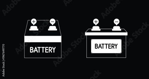 Flat White Outline Tall Cell and Automotive Lead Acid Battery Icon Set Positive Negative Terminal Vector