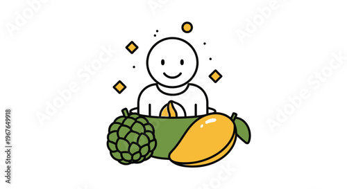 Delightful Line Art of a Cheerful Figure Surrounded by Lush Tropical Fruits and Vibrant Flavors