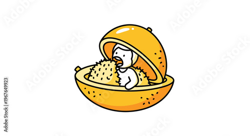 Delightful cartoon figure consuming spiky tropical fruit from its unique yellow pod