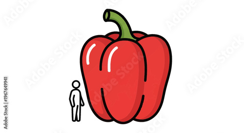 Exaggerated scale depiction featuring a tiny human figure standing beside an immense, vibrant red