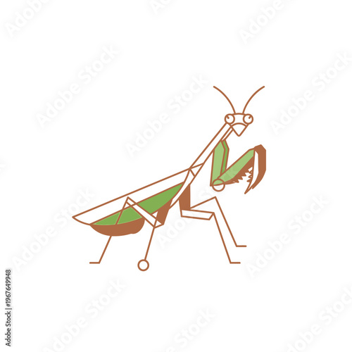 Stylized illustration of a praying mantis insect on a white background.