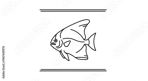 Minimalist black outline drawing of an elegant marine fish design with decorative horizontal
