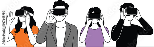 Flat vector illustration of diverse people wearing virtual reality headsets experiencing metaverse digital simulation isolated on white background. (19 words)