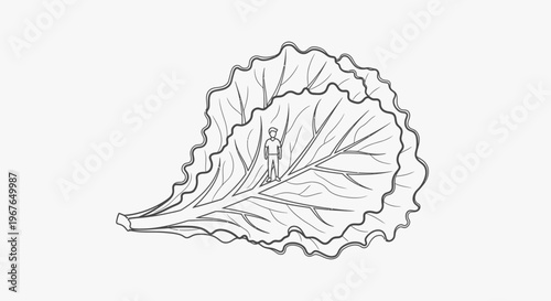 A minuscule individual stands prominently on an enormous plant leaf, illustrating themes of scale