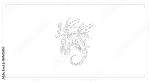 Detailed line art illustration of a fantastical winged sea dragon swimming gracefully through