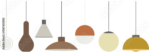 Flat vector illustration set of modern pendant lamps and hanging ceiling lights in earth tones isolated on white background. (19 words)
