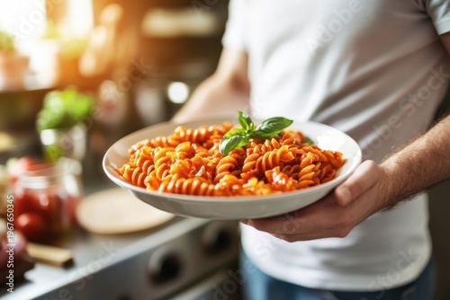 Person holding a plate of warm pasta with tomato sauce