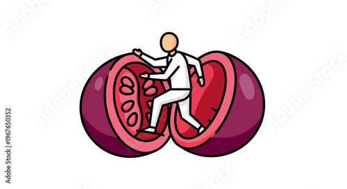 Abstract depiction of a person exploring the colorful, pulpy interior of a halved tropical fruit