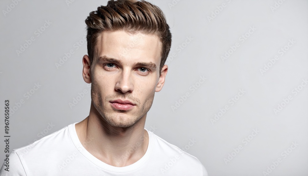Obraz premium Portrait of a handsome man with light brown hair and a white tee on a plain background
