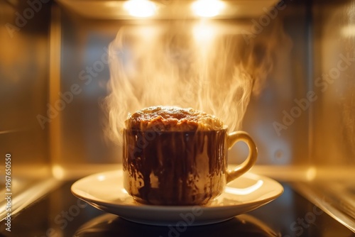 Hot mug cake cooking inside a microwave oven with steam rising