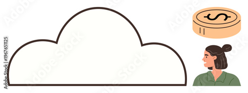 Cloud storage, digital finance, economy, online transactions, technology services, user interaction. Outline of a cloud, a coin symbol and a person. Cloud storage and digital finance concept