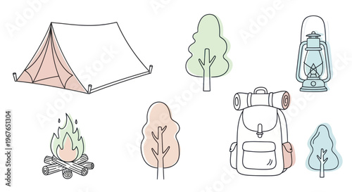 Camping Adventure Gear and Elements Illustration.