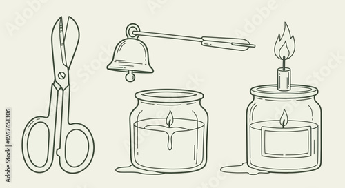 Candle making tools and finished candles illustration.