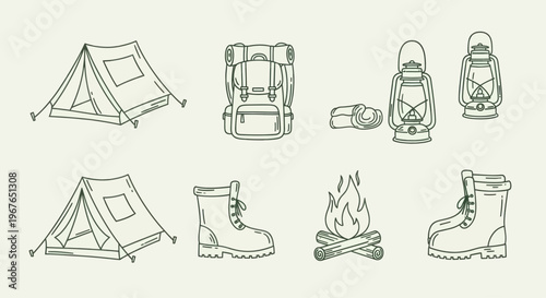 Camping Gear Collection Hand Drawn Sketch Style.