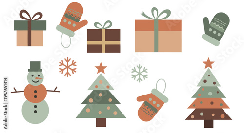 Christmas Winter Holiday Elements Collection Snowman Gifts Trees Mittens Snowflakes.