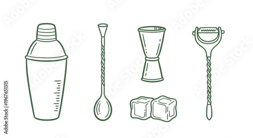 Cocktail Bar Tools and Accessories for Drink Preparation.