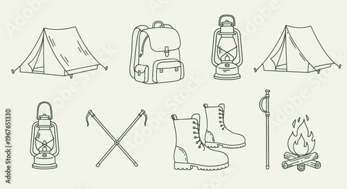 Collection of camping and hiking gear illustrations.